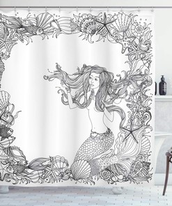 Grey and White Mermaid Shower Curtain with Seashells and Coral Reef Art for a Coastal Bathroom Decor