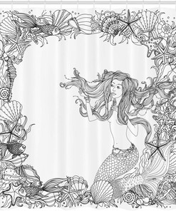 Grey and White Mermaid Shower Curtain with Seashells and Coral Reef Art for a Coastal Bathroom Decor