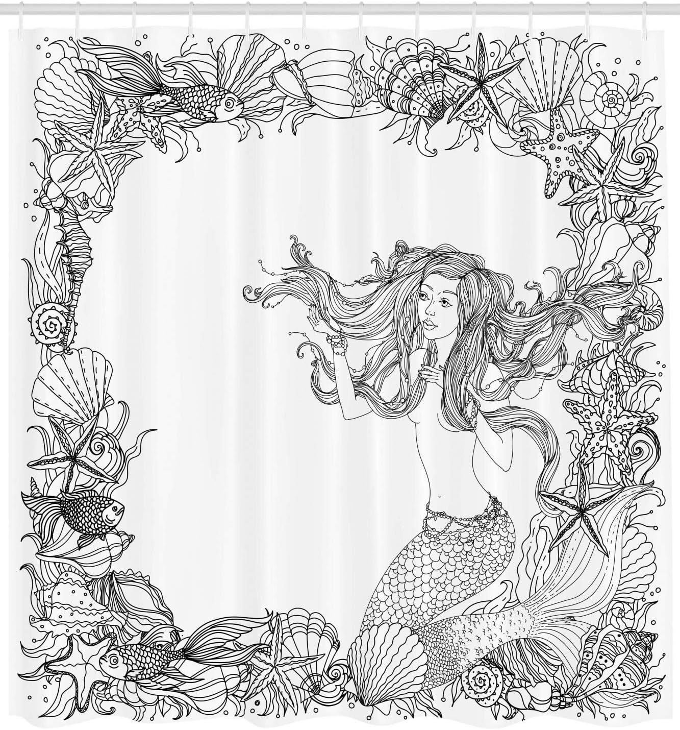 Grey and White Mermaid Shower Curtain with Seashells and Coral Reef Art