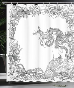 Grey and White Mermaid Shower Curtain with Seashells and Coral Reef Art for a Coastal Bathroom Decor