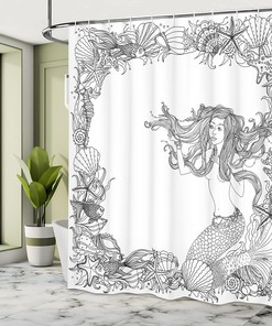 Grey and White Mermaid Shower Curtain with Seashells and Coral Reef Art for a Coastal Bathroom Decor