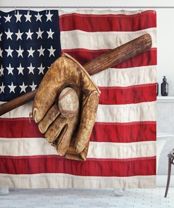 Grunge Baseball Print American Flag Shower Curtain for a Sports-themed Bathroom Decor