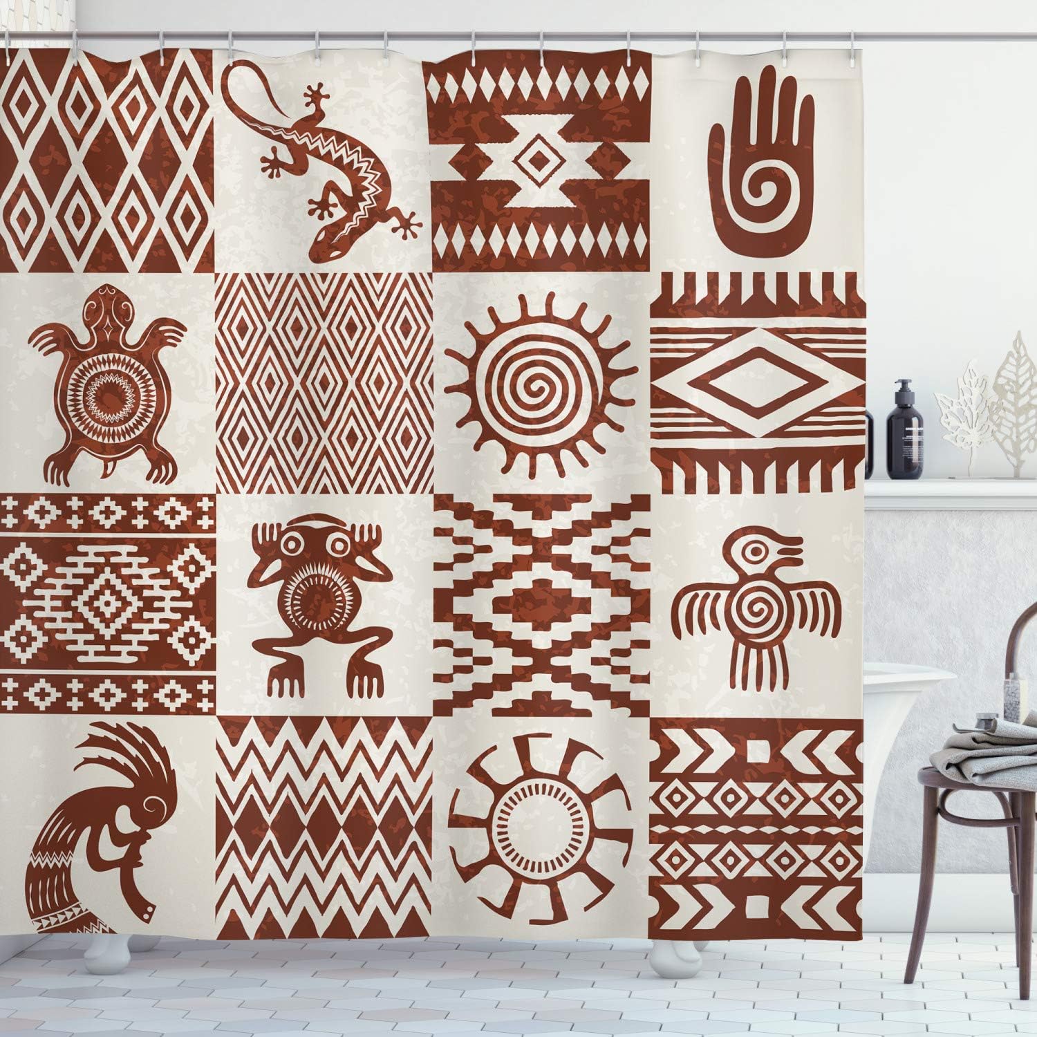 Grunge Frame Shower Curtain, Southwestern Bathroom Decor with Redwood and Eggshell Cloth Fabric