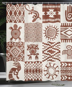 Grunge Frame Shower Curtain, Southwestern Bathroom Decor with Redwood and Eggshell Cloth Fabric