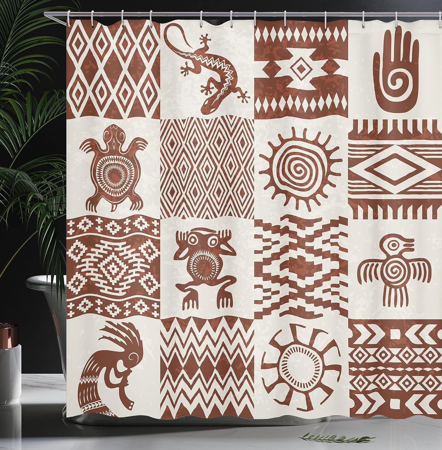 Grunge Frame Shower Curtain, Southwestern Bathroom Decor with Redwood and Eggshell Cloth Fabric