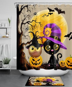Halloween Bat Witch Hat Owl Cat Pumpkin Shower Curtain - Bathroom Accessories