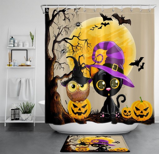 Halloween Bat Witch Hat Owl Cat Pumpkin Shower Curtain - Bathroom Accessories