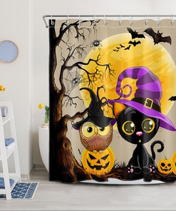 Halloween Bat Witch Hat Owl Cat Pumpkin Shower Curtain - Bathroom Accessories