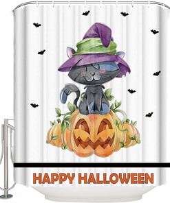 Halloween Bats Black Cat Owl Pumpkins Shower Curtain - Spooky Bathroom Decor