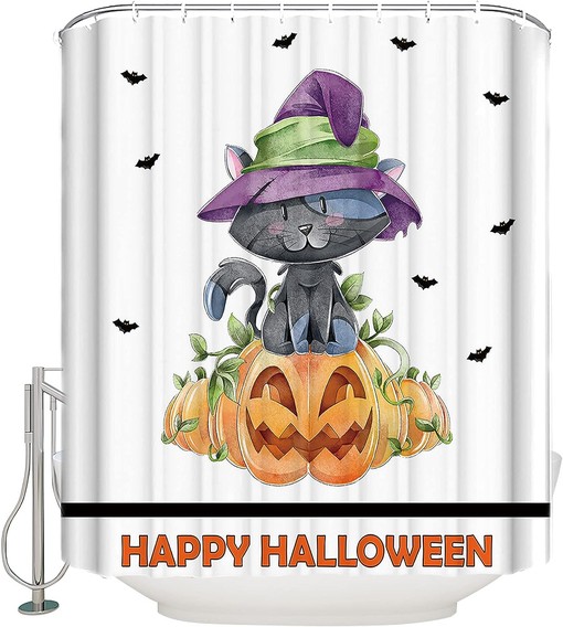 Halloween Bats Black Cat Owl Pumpkins Shower Curtain - Spooky Bathroom Decor