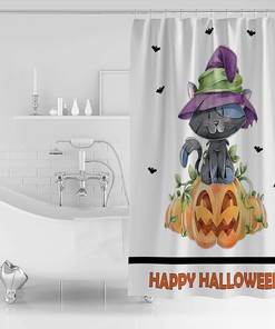 Halloween Bats Black Cat Owl Pumpkins Shower Curtain - Spooky Bathroom Decor
