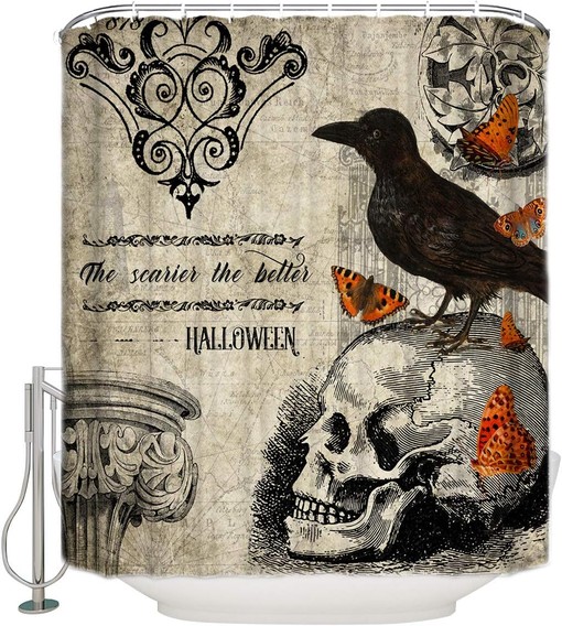 Halloween Owl Butterfly Raven Skeleton Shower Curtain - Skeleton Bathroom Decor