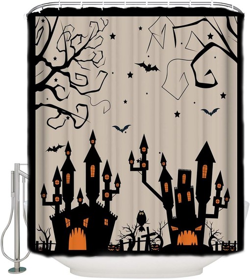 Halloween Owl Castle Branch Bat Shower Curtain - Witchy Bathroom Decor