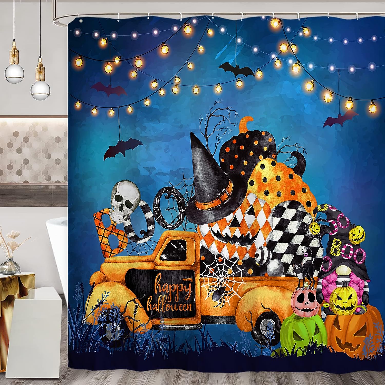 Halloween Shower Curtain - Gnomes Pumpkin Trick Or Treat Bath Curtain for Festive Bathroom Decor