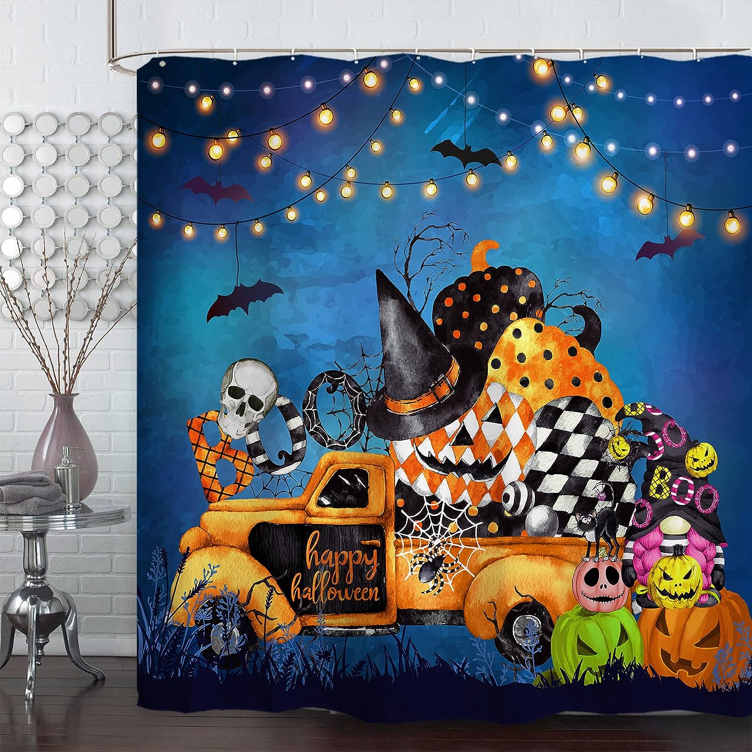 Halloween Shower Curtain - Gnomes Pumpkin Trick Or Treat Bath Curtain for Festive Bathroom Decor