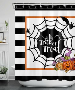 Halloween Shower Curtain with Stripes Cobweb Bat Pumpkin for a Spooky Bathroom Decor