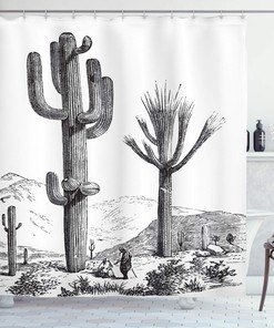 Hand Drawn Cactus Shower Curtain, Desert Plants with Mexican Travellers Print in Charcoal Grey Bathroom Decor