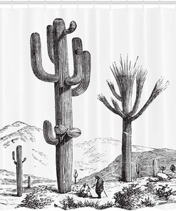 Hand Drawn Cactus Shower Curtain, Desert Plants with Mexican Travellers Print in Charcoal Grey Bathroom Decor