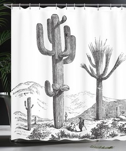 Hand Drawn Cactus Shower Curtain, Desert Plants with Mexican Travellers Print in Charcoal Grey Bathroom Decor