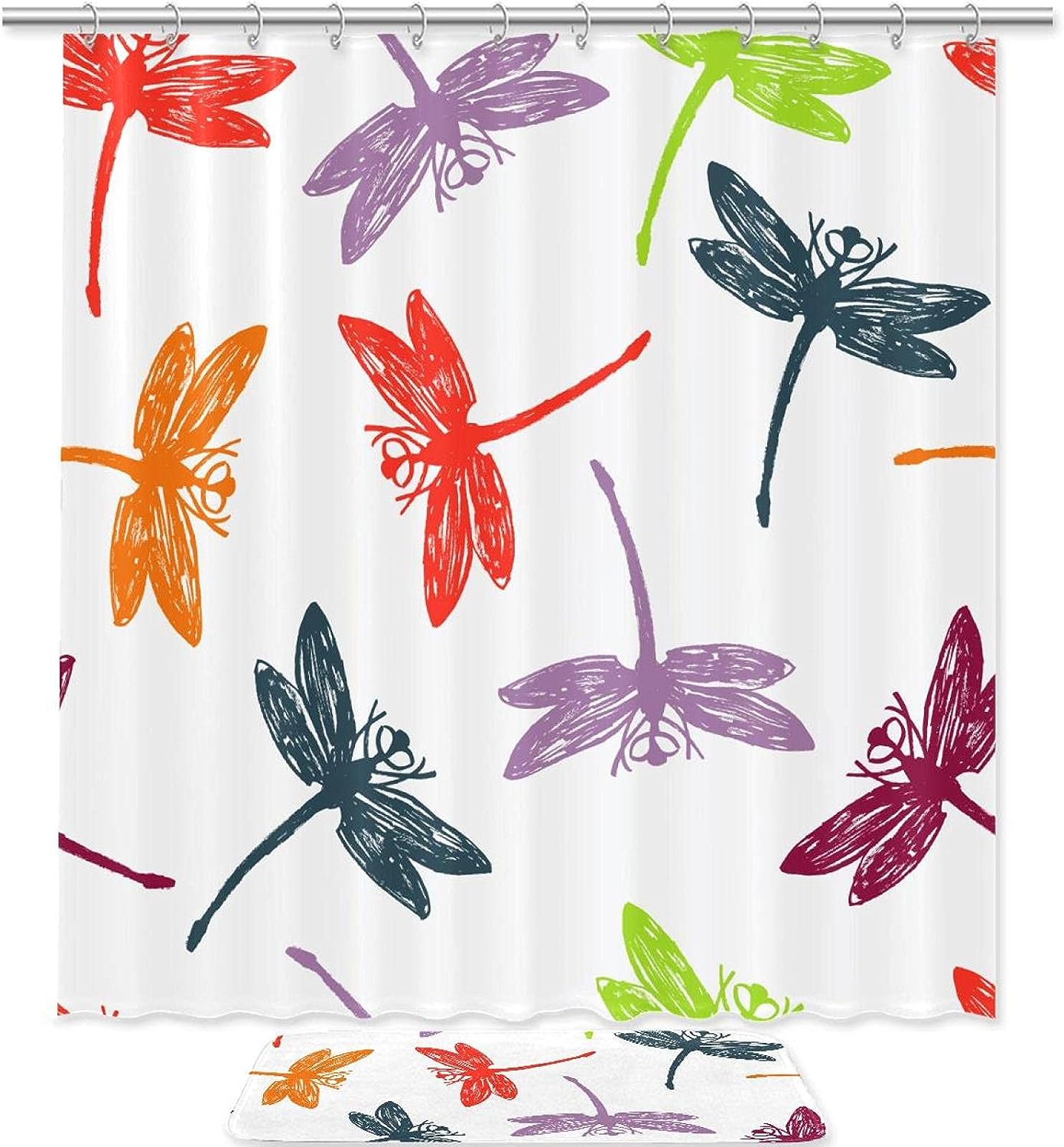 Hand Drawn Dragonfly Waterproof Shower Curtain for Artsy Bathroom Decor