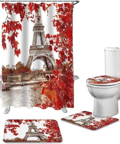 Hand Drawn Painting Eiffel Tower with Red Leaves Shower Curtain for a Parisian-Inspired Bathroom Decor