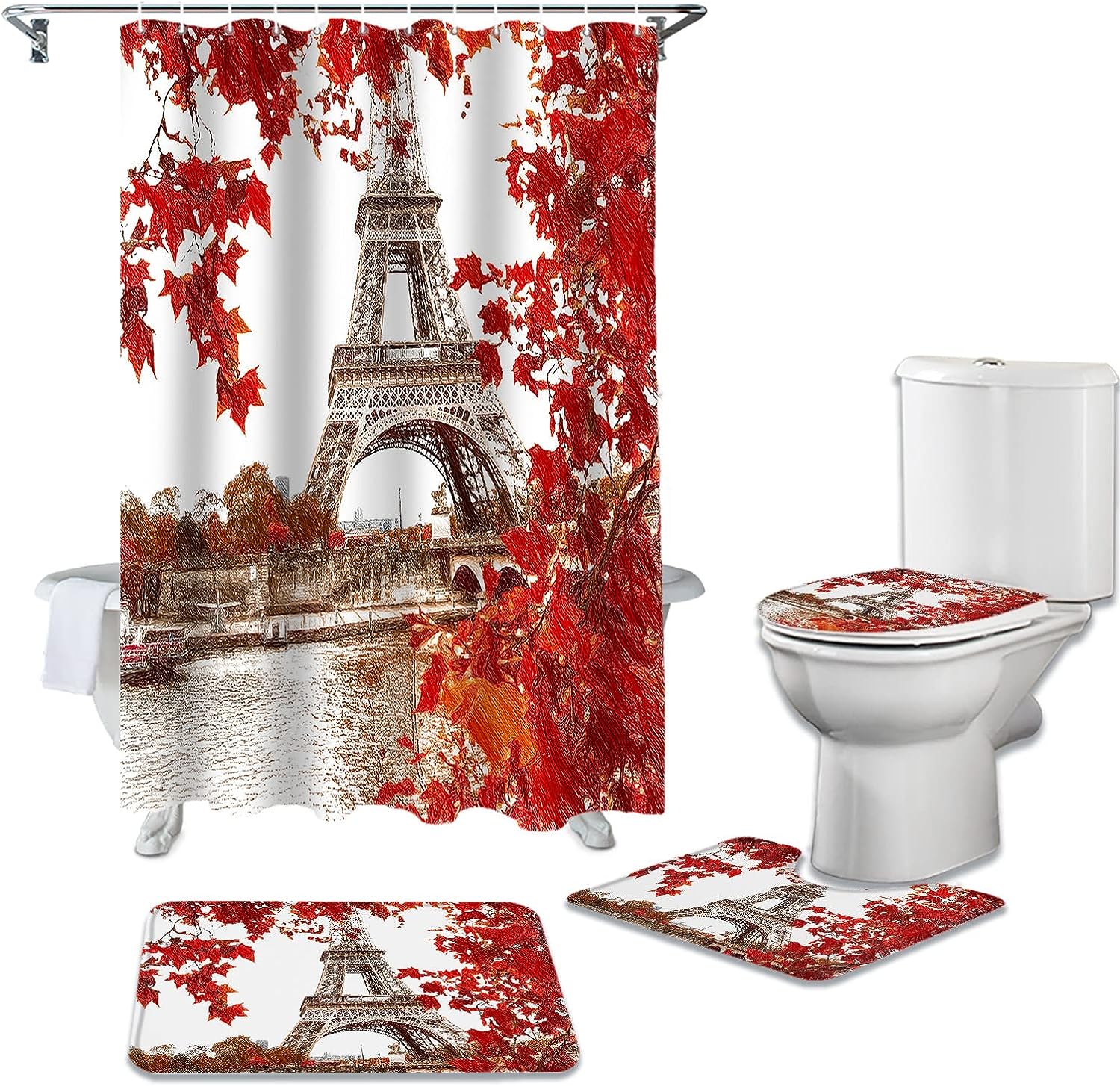Hand Drawn Painting Eiffel Tower with Red Leaves Shower Curtain for a Parisian-Inspired Bathroom Decor
