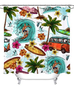 Hand Drawn Palm Trees Shower Curtain Waterproof Fabric Tropical Bathroom Decor