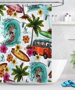 Hand Drawn Palm Trees Shower Curtain Waterproof Fabric Tropical Bathroom Decor