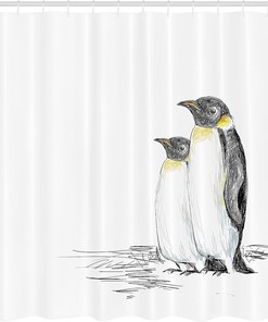 Hand Drawn Penguins Shower Curtain, Aquatic Flightless Birds Cloth Bathroom Decor, Black White