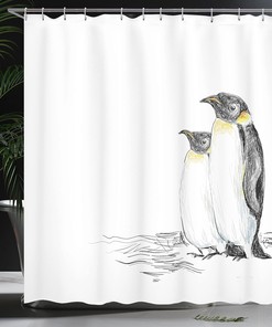 Hand Drawn Penguins Shower Curtain, Aquatic Flightless Birds Cloth Bathroom Decor, Black White