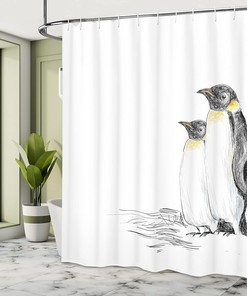 Hand Drawn Penguins Shower Curtain, Aquatic Flightless Birds Cloth Bathroom Decor, Black White