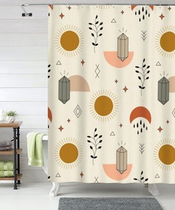 Hand Drawn Sun Boho Shower Curtain, Colorful Plants Bathroom Waterproof Shower Curtain, Artistic Bathroom Decor