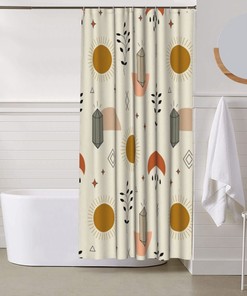 Hand Drawn Sun Boho Shower Curtain, Colorful Plants Bathroom Waterproof Shower Curtain, Artistic Bathroom Decor