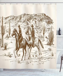 Hand Drawn Western Shower Curtain, Cowboy Themed Wild West Desert Illustration, Cloth Bathroom Decor W, Umber Cream 