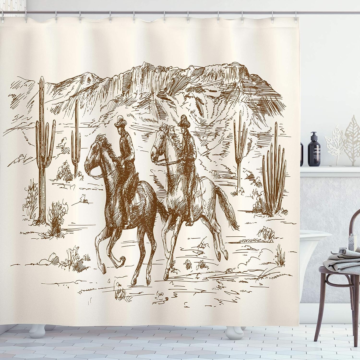Hand Drawn Western Shower Curtain, Cowboy Themed Wild West Desert Illustration, Cloth Bathroom Decor W, Umber Cream