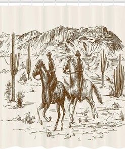 Hand Drawn Western Shower Curtain, Cowboy Themed Wild West Desert Illustration, Cloth Bathroom Decor W, Umber Cream