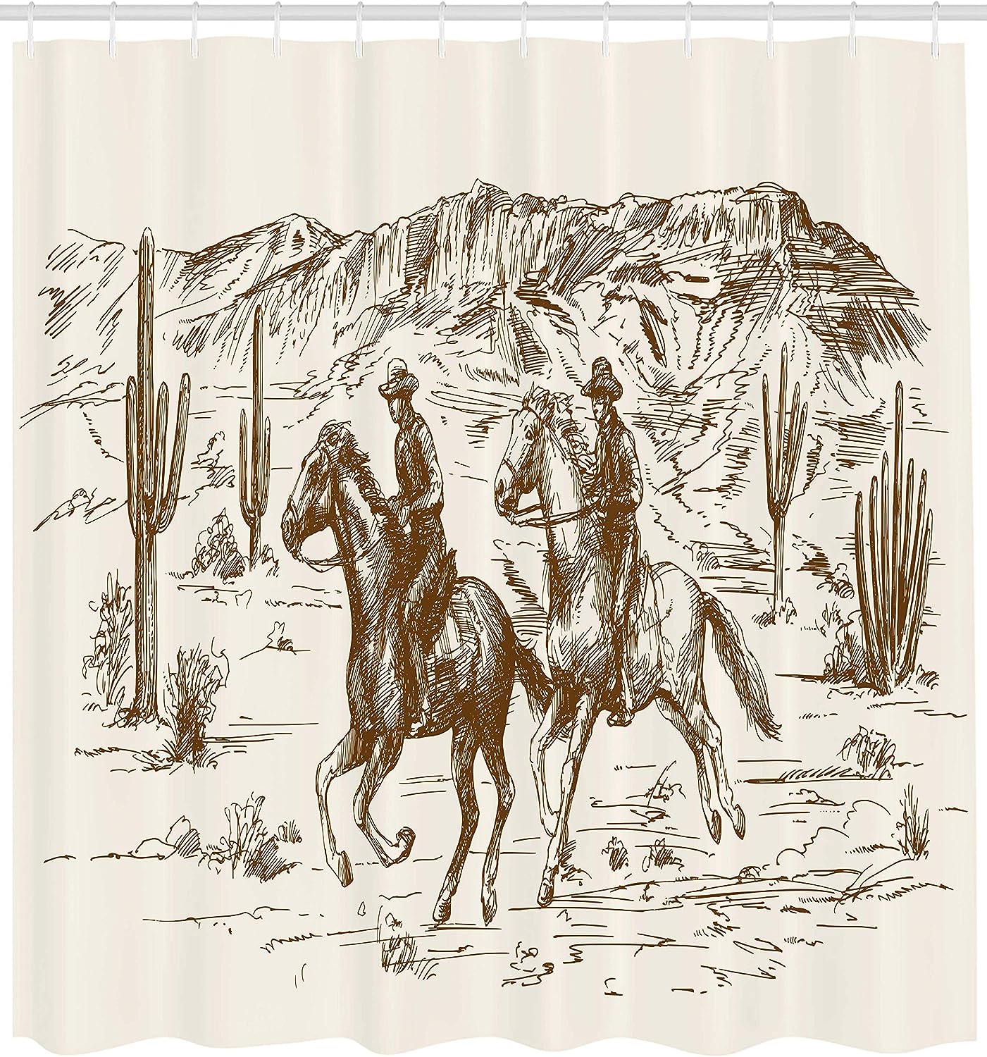 Hand Drawn Western Shower Curtain, Cowboy Themed Wild West Desert Illustration, Cloth Bathroom Decor W, Umber Cream