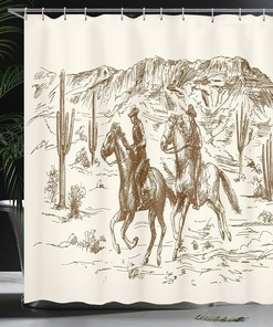 Hand Drawn Western Shower Curtain, Cowboy Themed Wild West Desert Illustration, Cloth Bathroom Decor W, Umber Cream