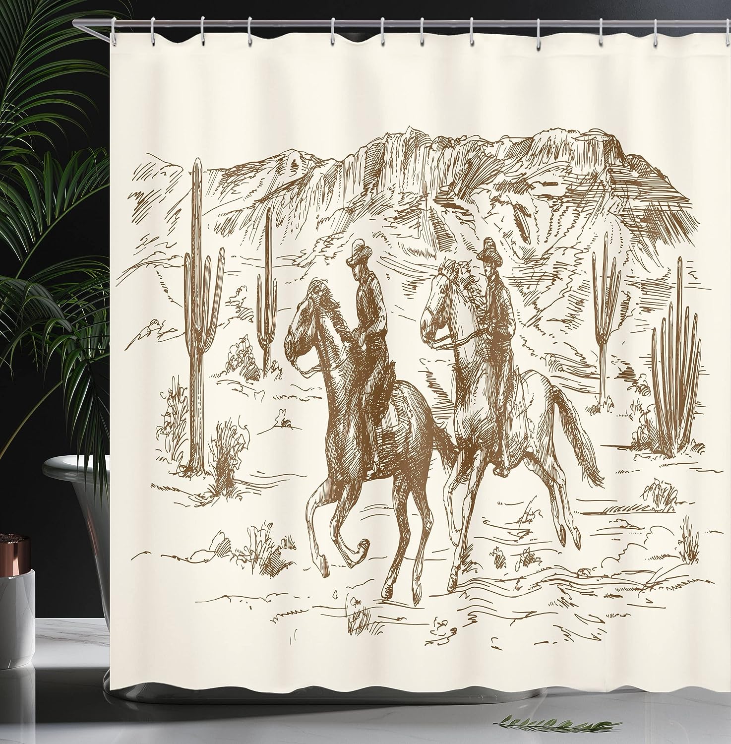 Hand Drawn Western Shower Curtain, Cowboy Themed Wild West Desert Illustration, Cloth Bathroom Decor W, Umber Cream