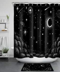 Hand Painted Black and White Stars Moon Shower Curtain - Boho Bathroom Accessory