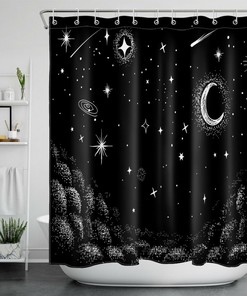 Hand Painted Black and White Stars Moon Shower Curtain - Boho Bathroom Accessory