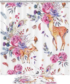 Hand Painted Sika Deer Rose Flower Waterproof Fabric Shower Curtain - Bathroom Decor