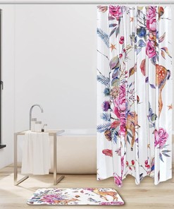 Hand Painted Sika Deer Rose Flower Waterproof Fabric Shower Curtain - Bathroom Decor