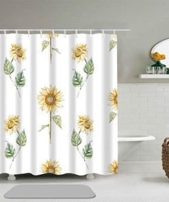 Hand Painted Sunflower Background Shower Curtain with Waterproof Fabric Set - Perfect for Bathroom Accessories