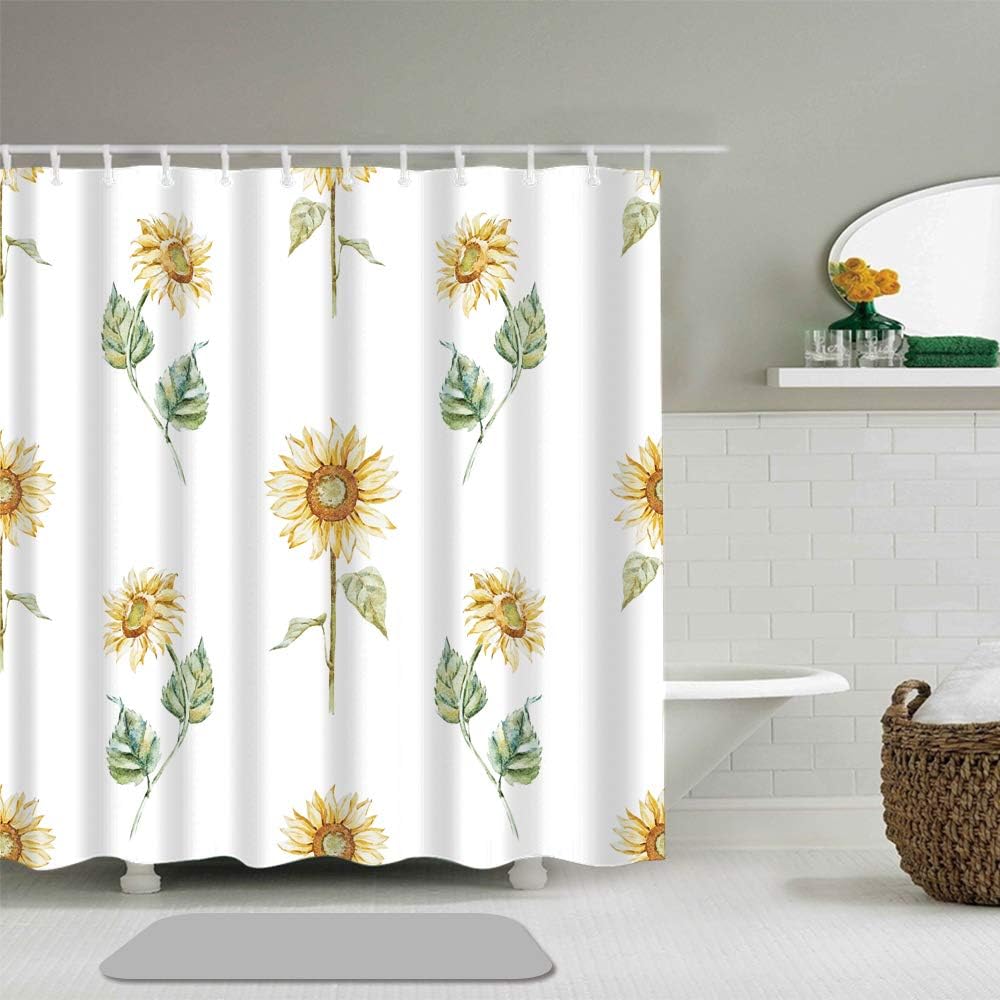 Hand Painted Sunflower Background Shower Curtain with Waterproof Fabric Set - Perfect for Bathroom Accessories