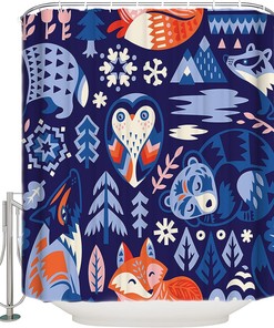 Hand-Painted Owl Fox Geometric Texture Shower Curtain - Waterproof Fabric for Bathroom Decor