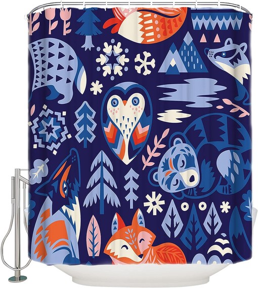 Hand-Painted Owl Fox Geometric Texture Shower Curtain - Waterproof Fabric for Bathroom Decor