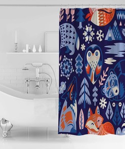 Hand-Painted Owl Fox Geometric Texture Shower Curtain - Waterproof Fabric for Bathroom Decor