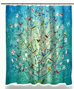 Happy Bird Tree Shower Curtain Set with Flowers and Butterflies - Bathroom Decor