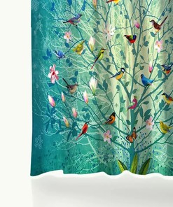 Happy Bird Tree Shower Curtain Set with Flowers and Butterflies - Bathroom Decor